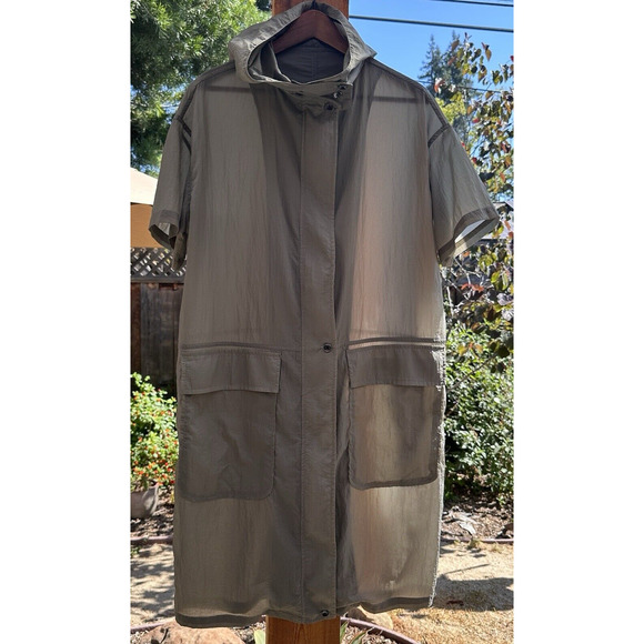 3 Potato Olive Green Zip Front Jacket Dress Hooded S/M Nylon Lightweight Sheer